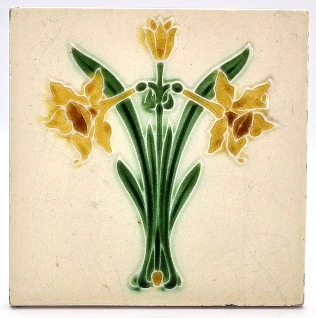 Antique Fireplace Tile Majolica Daffodils Lea & Bolton C1907 AE1