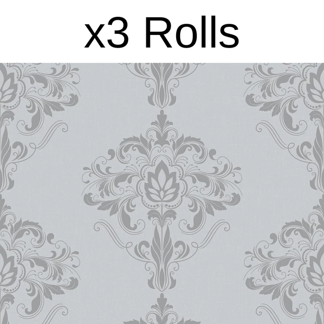x3 Rolls Marlow Damask Wallpaper Grey Silver Metallic Shimmer Floral Ornamental