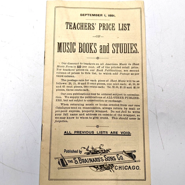1891 S. BRAINARD'S Sons Music Teachers' Price List Catalog Pamphlet