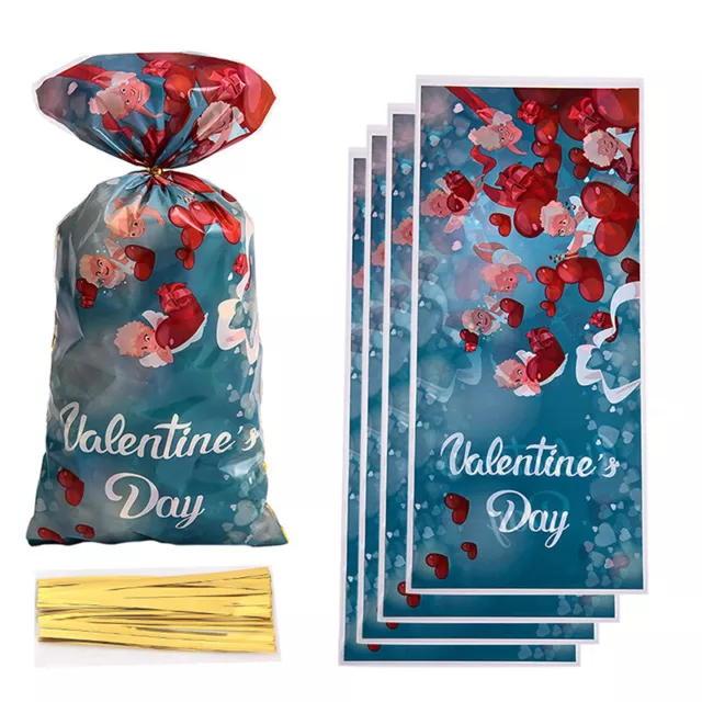 50Pcs Valentine’s Day Plastic Candy Bag With Ties Snack Cookie Packaging Bag
