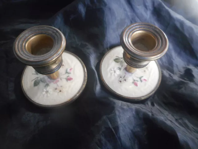 Old pair of small candle holders, brass & floral decor, 6cms tall.