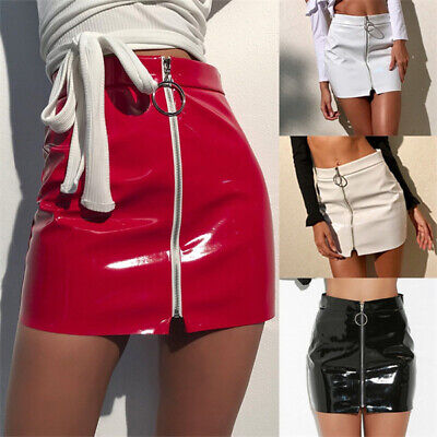 Womens PVC Wet Look Shiny Bodycon Mini Pencil Skirt Zipper Front Clubwear Sexy