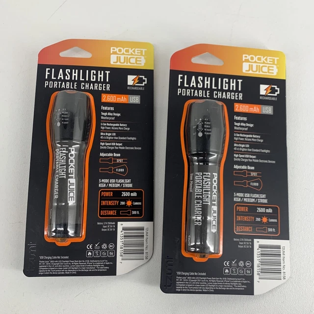 POCKET JUICE FLASHLIGHT Portable Charger Power Bank 2600 mAh New! Lot