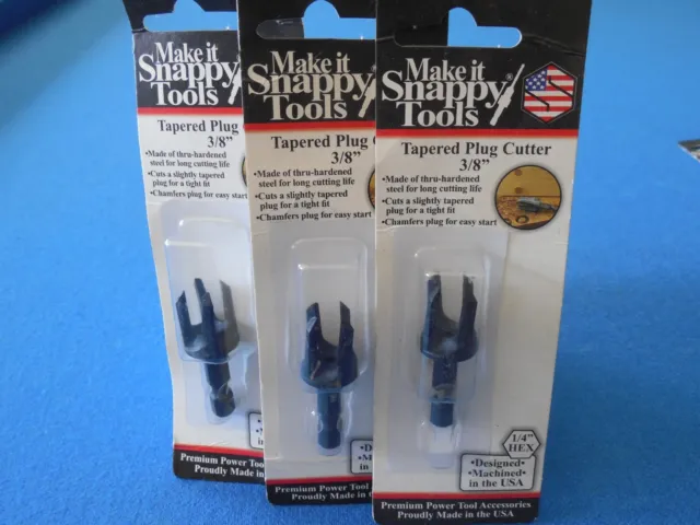 3 Snappy 3/8" Tapered Plug Cutters Chamfered MADE IN USA Quick Hex Shank #40324