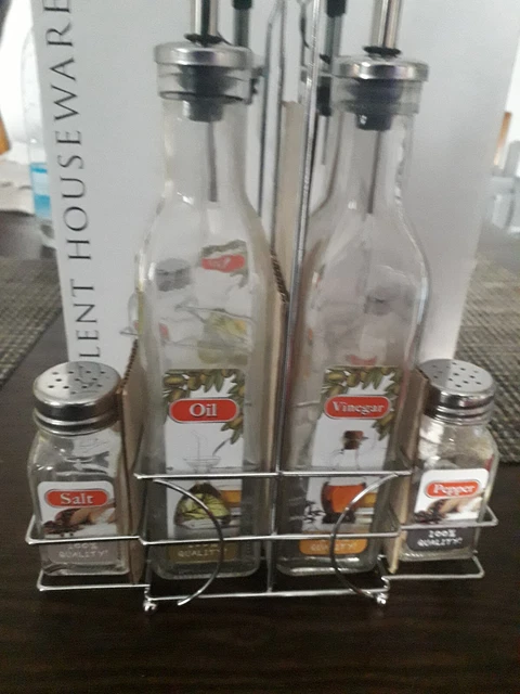 Set Huile, Vinaigre, Sel Et Poivre En Verre Et Métal Chromé Argent