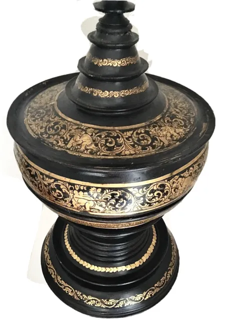 Antique Burmese/Thai Black and Gold Lacquered Wood Temple Offering Vessel, Bowl