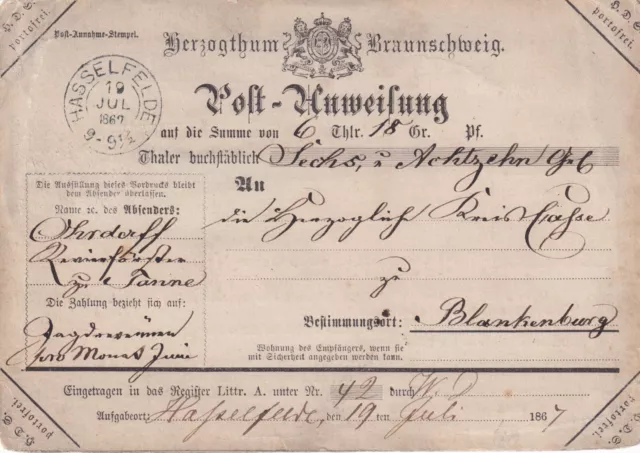 Braunschweig - portofreie Dienstpostanweisung von Hasselfelde 1867