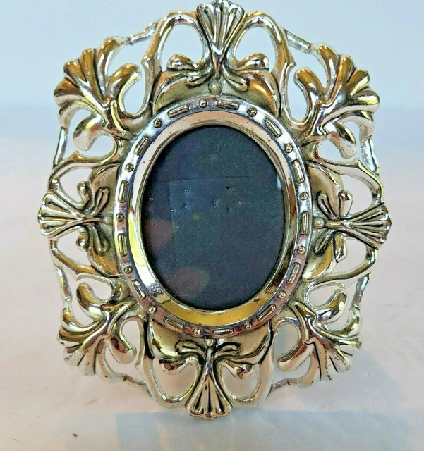 Miniature Silver Tone Oval Photo Picture Frame Small Ornate Open Design 3.5 X 4