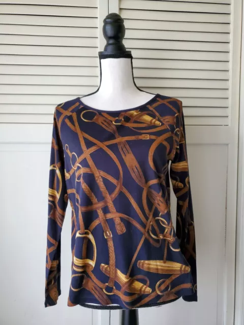 Lauren Ralph Lauren Equestrian Knit Top Women's L Navy Gold Bridle Tee