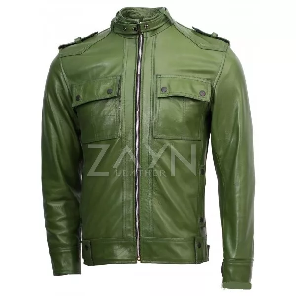 Mens Green Biker Jacket Genuine Lambskin Leather Slim Fit Motorcycle Jacket Coat