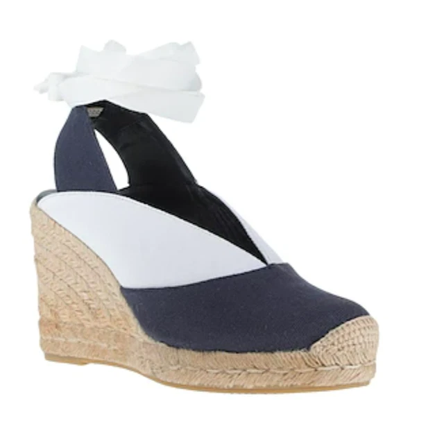 Paloma Barcelo Espadrilles Dark Blue White Lace Tie Wedges Women's Size 7.5 38