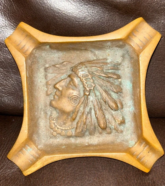 RARE ANTIQUE CAST Iron Native American Chief Art Deco Ashtray Stamped