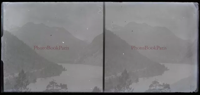 France Lac Montagne c1940 Photo NEGATIVE Plaque de verre Stereo Vintage V21T9n6