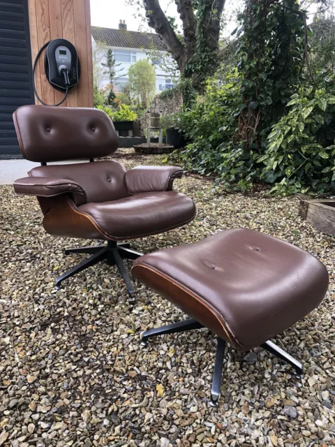 Eames Style By Premier Homewares Retro Leather Lounge Armchair & Footstool M4668