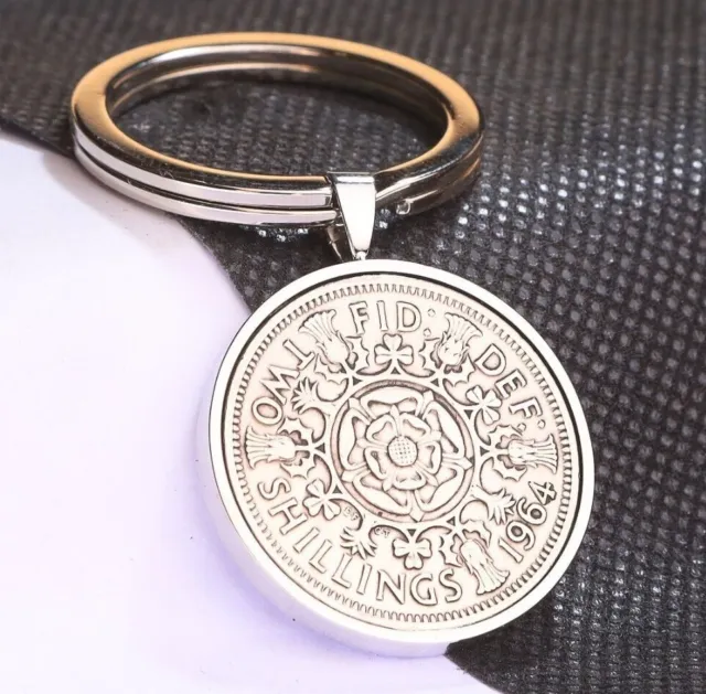 1964 60th Birthday Florin/Two Shilling Luxury Keyring - Choose the Colour Metal