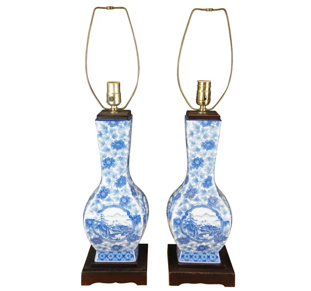 Chinese Blue & White Porcelain Urn Chrysanthemums Pagoda Landscape Table Lamps