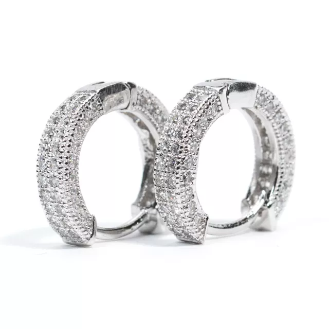 Men's Small White Gold Plated 925 Sterling Silver CZ Hoop Huggie Earrings