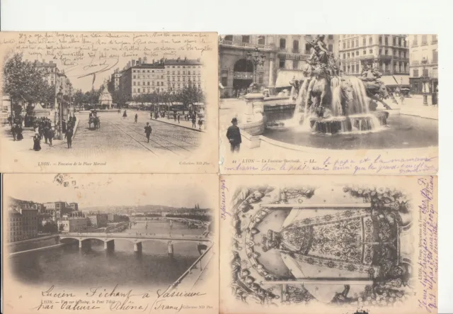 Lot de 4 cartes postales anciennes old postcards LYON timbrées 1903 MOUCHON 2
