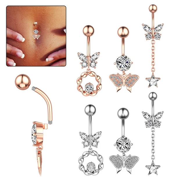 Stainless Steel Butterfly Crystal Curvy Belly Navel Ring Piercing Body Jewe_tu