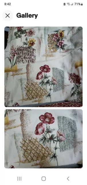 Vintage Sewing Fabric 1.9ydx60" Poplin Drapery Upholstry Tan Wine Poppies Cotton