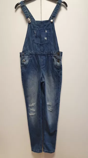 R443 Girls Candy Couture Blue Skinny Ripped Denim Dungarees 12 Years W28 L30