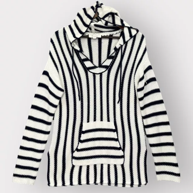 Two By Vince Camuto Sweater Women M Black/White Striped Knit Stretch Hooded V72