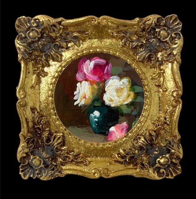 Original Miniature Oil Painting Antique Style Flowers With Ornate Gold