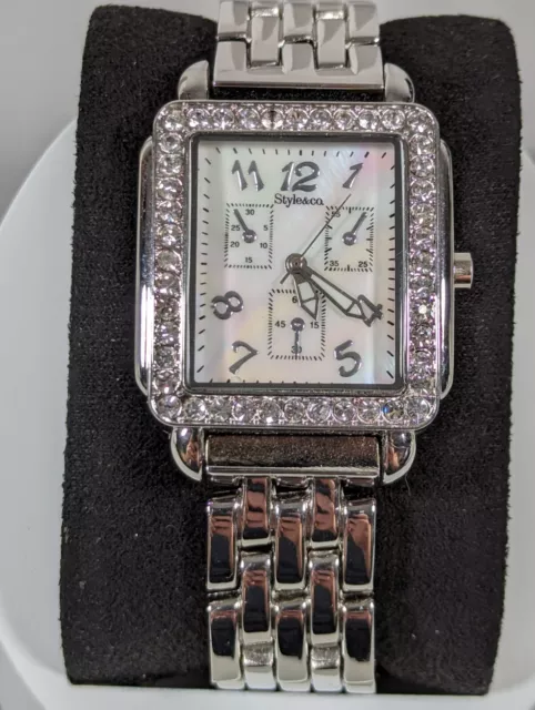 Style & Co White Pearlized Dial Square Crystal Accent Case Link Band Watch