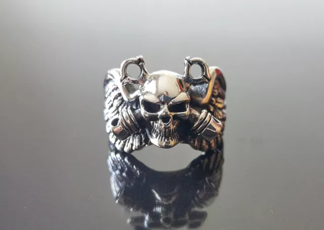 Skull Ring 925 STERLING SILVER Winged Piston Head Punk Goth Rock Biker Wing Excl