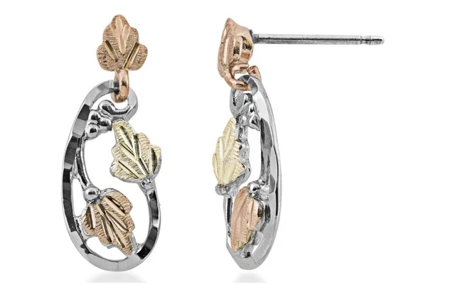 12k black hills gold on sterling silver three leaf dangle earrings