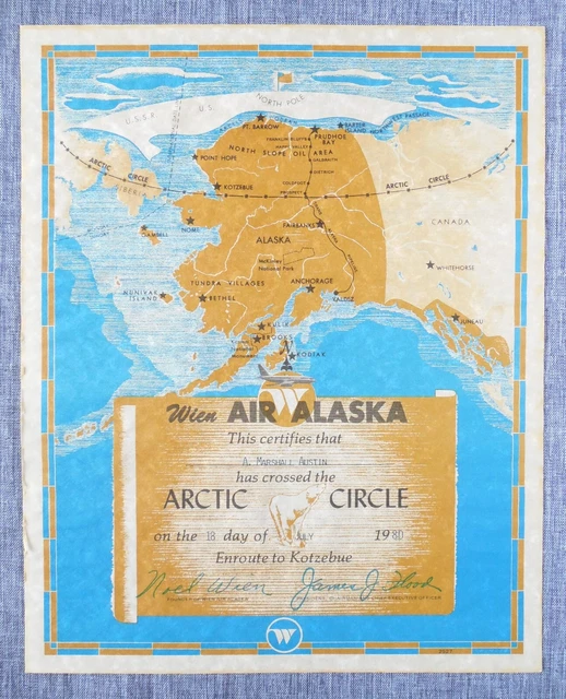 1980 WIEN AIR Alaska Arctic Circle Flight Certificate Map Kotzebue