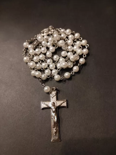 Vintage Faux Pearl Rosary Silver Italian Italy Antique Crucifix Jesus Catholic