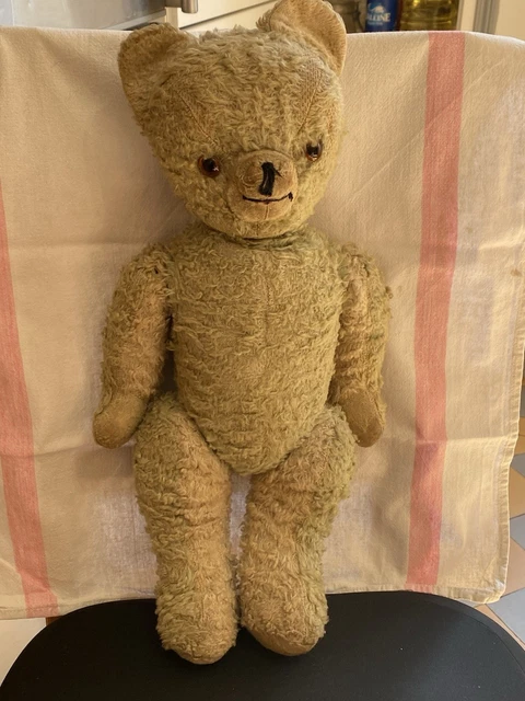 Ancien Ours Nounours Peluche Blanc Rembourrage Paille 54 Cm Old Teddy