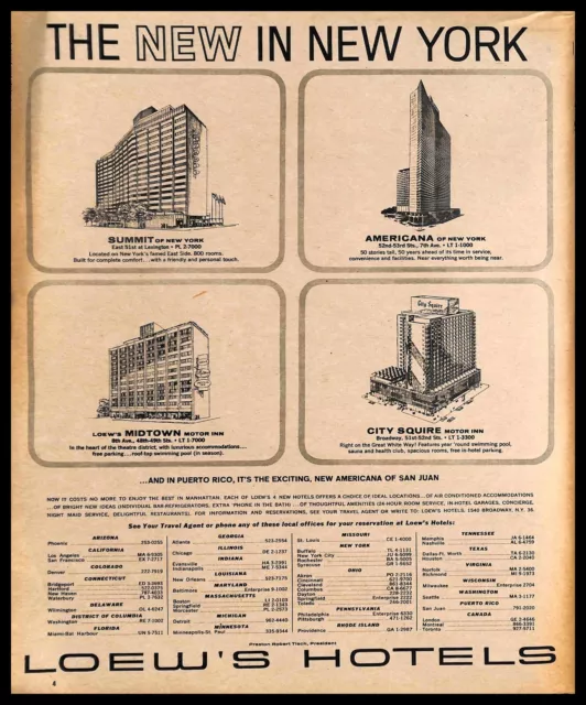 1963 Loew's Hotels Vintage PRINT AD New In New York Midtown Motor Inn Art