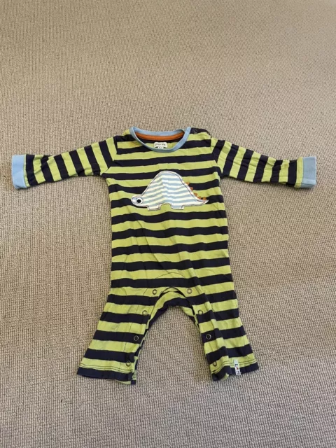 Lilly + Sid Short Baby Romper Green & Navy Stripes Dinosaur Appliqué 6-12 Months