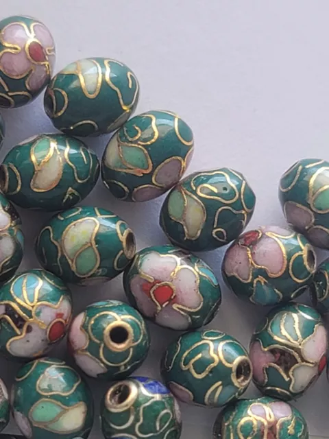 50 Super VINTAGE Green w Colorful Flowers Cloisonne 11 x 9 MM Oval Beads A+