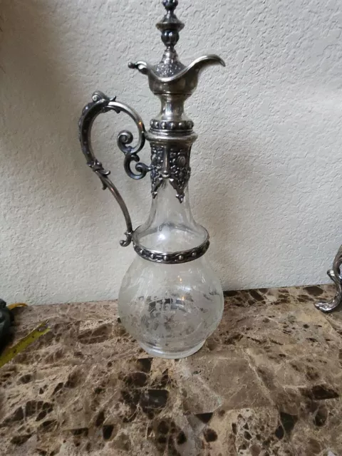 RARE Antique Circa Art Nouveau Silver Plate Etched Glass Claret Jug decanter