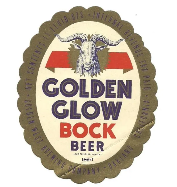 Golden Glow Bock Beer Label, IRTP, Golden West Brewing, Oakland, CA 11 oz