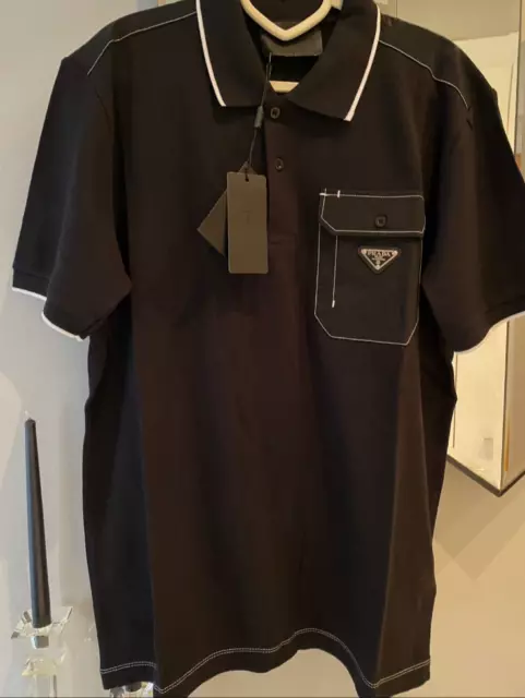 Prada Triangle Patch Polo Shirt Black Men Size L/XL