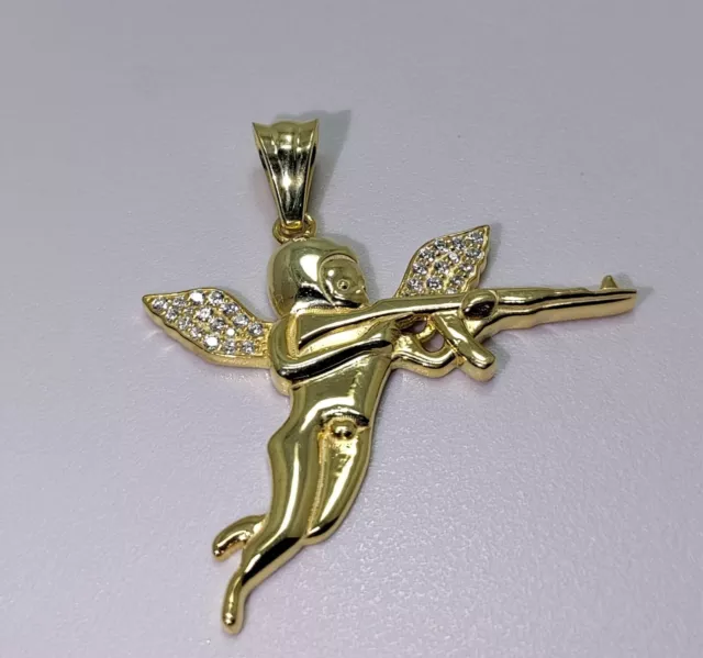 Lab Created Diamond Small Baby Cupid Love Angel Wing Gun Pendant 14K Yellow Gold