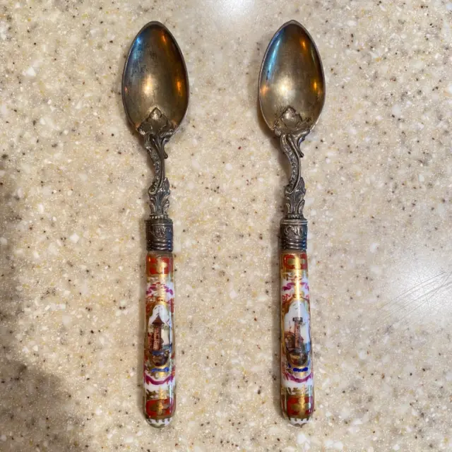 Pair of Richard Garten German 800 Silver Dresden Porcelain Spoons