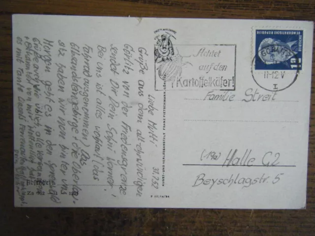 DDR Görlitz Serienstempel "Kartoffelkäfer" v 1952 auf AK Görlitz Stadt der Türme