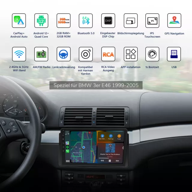 CAM+DVR+DAB+Für BMW E46 320 323 325 330 9" Autoradio Android 12 Navi CarPlay DSP 3