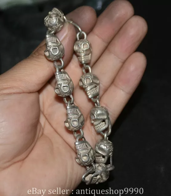 4" Marked Chinese Silver Human Skeleton Skull Head Sculpture Bracelet Chain