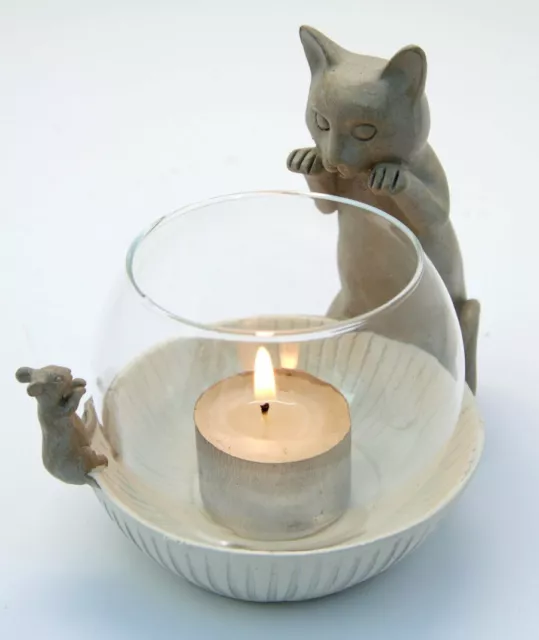 Cat and Mouse Glass & Resin Tea Light Candle Holder Tealight Gift Lamp Round