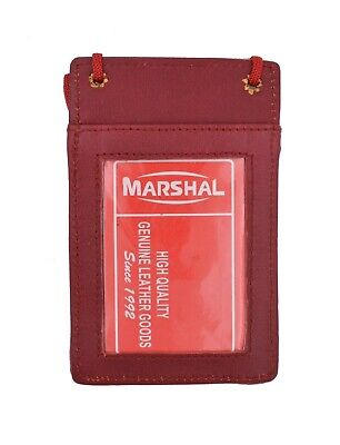 ID Card Holder Badge Passport Card Press NameTag Pouch Leather W/ Neck Strap Red
