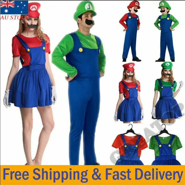 Adults Kids Super Mario Bros Luigi Cosplay Costume Party Fancy Dress Set Outfits