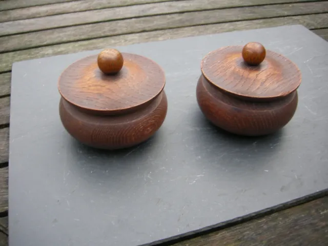 Pair Of Vintage Treen Lidded Pots Wooden Trinket Pots Oak