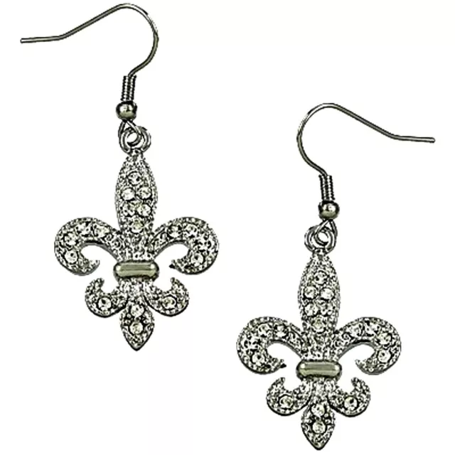 Silver Tone Rhodium Plated Fleur De Lis Dangle Earrings Clear Crystal