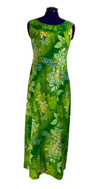 Vtg 10 Kimo's Polynesian Shop Hawaiian Green Floral Tropical Tiki Long Dress